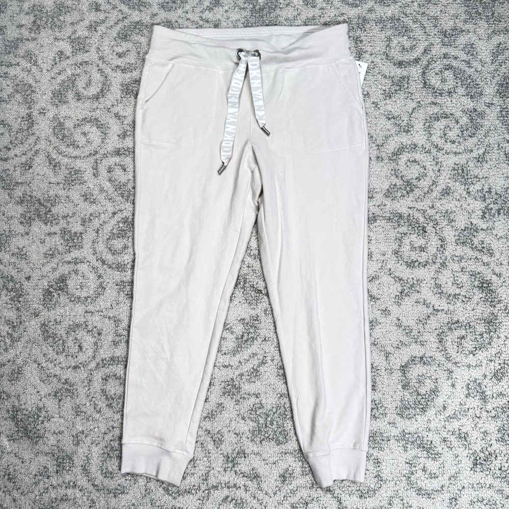 DKNY Women's Sport Logo Fleece Joggers Ivory Size Large Pockets Cozy Stretch